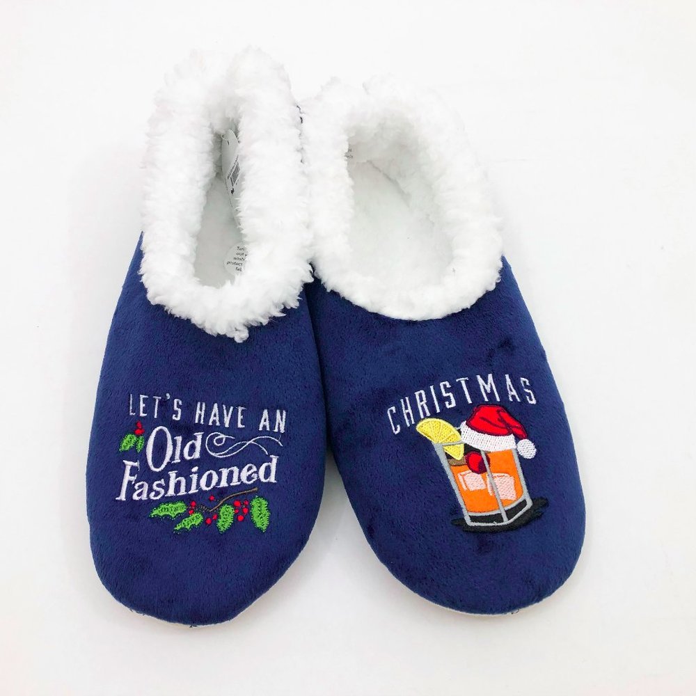 NWT Snoozies Men's Slippers Old Fashioned Christmas Large 11/12 Navy Blue